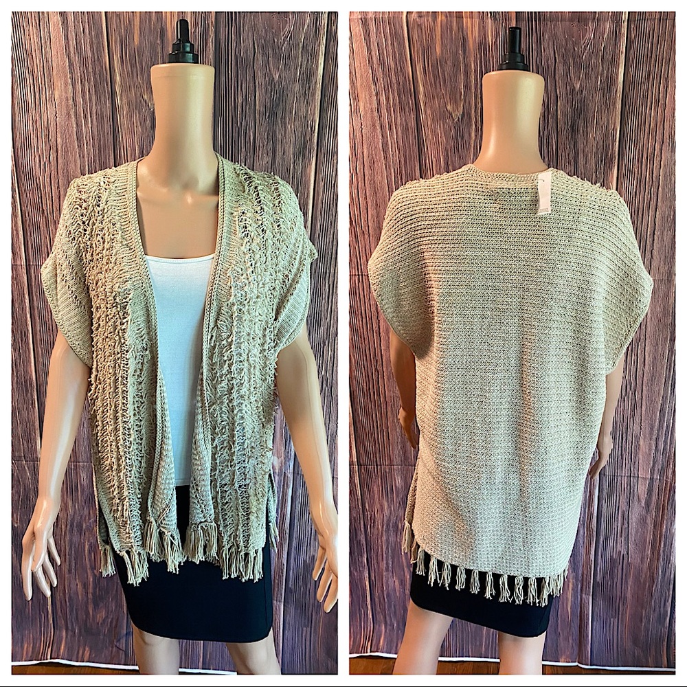 Ann Taylor LOFT size XS cream & tan knit boho tassels sweater cardigan